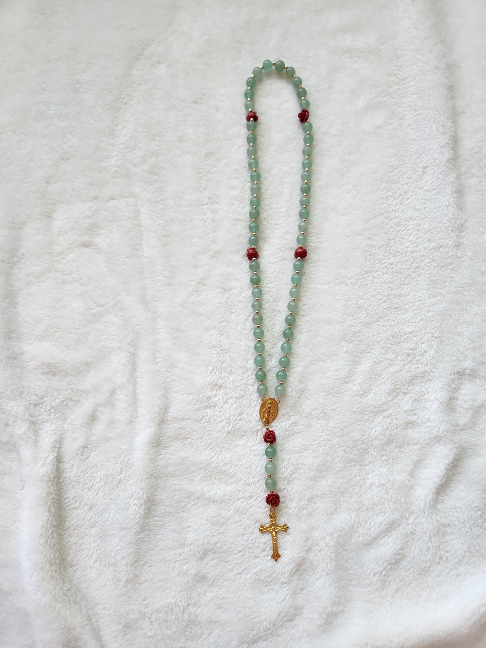 Hand Crafted Green Beaded Rosary with Red Accents and Gold Cross